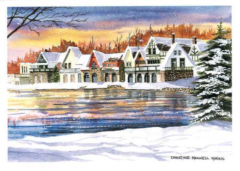 Winter Boat House Row Christmas boxed Cards