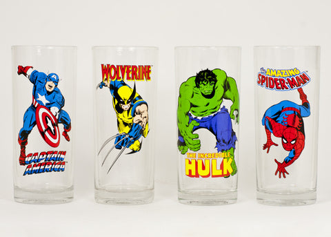 Marvel Comics 10 oz glass set/Captain America, Wolverine, Hulk, Spiderman